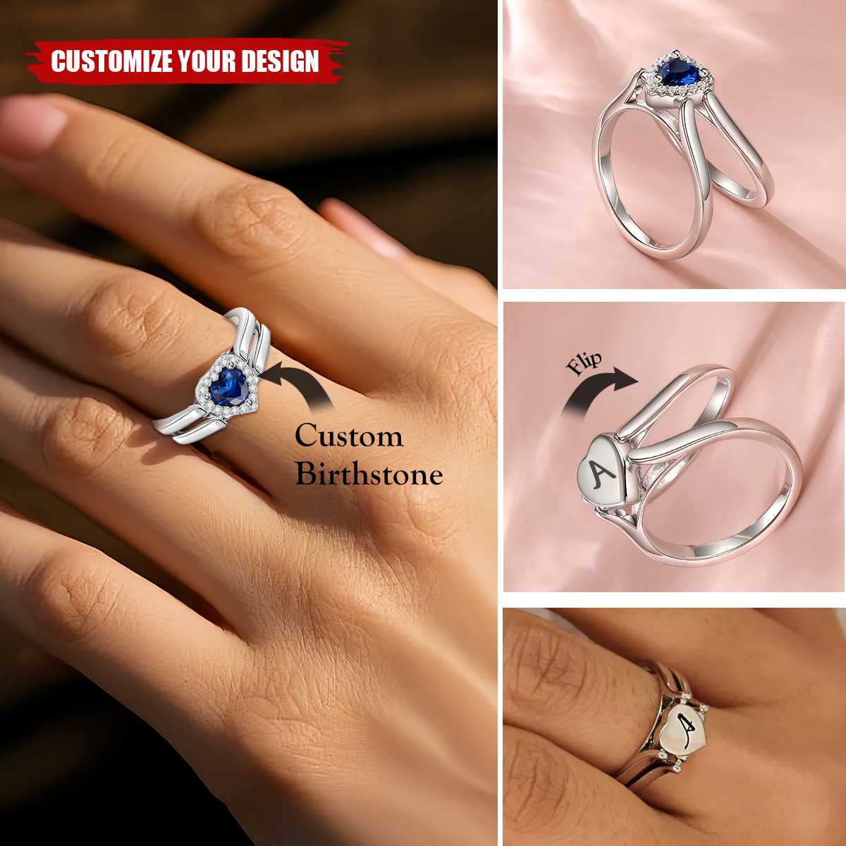 Custom Birthstone & Initials 925 Silver Reversible Ring, Memorial Gift