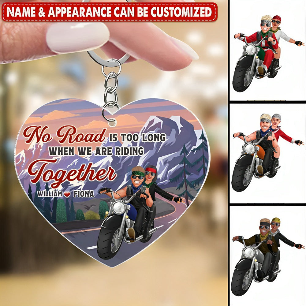 No Ride Is Too Long When We're Riding Together, Personalized Biker Couple Keychain