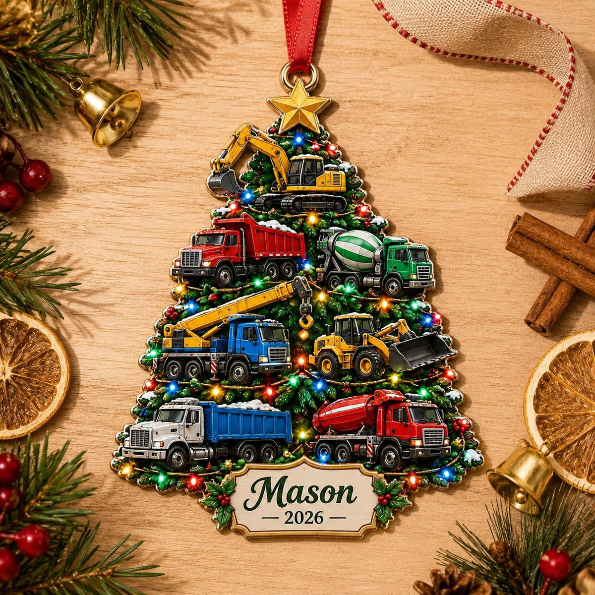 Personalized Truck Christmas Ornament, Custom Name Construction Vehicle Kids Gift
