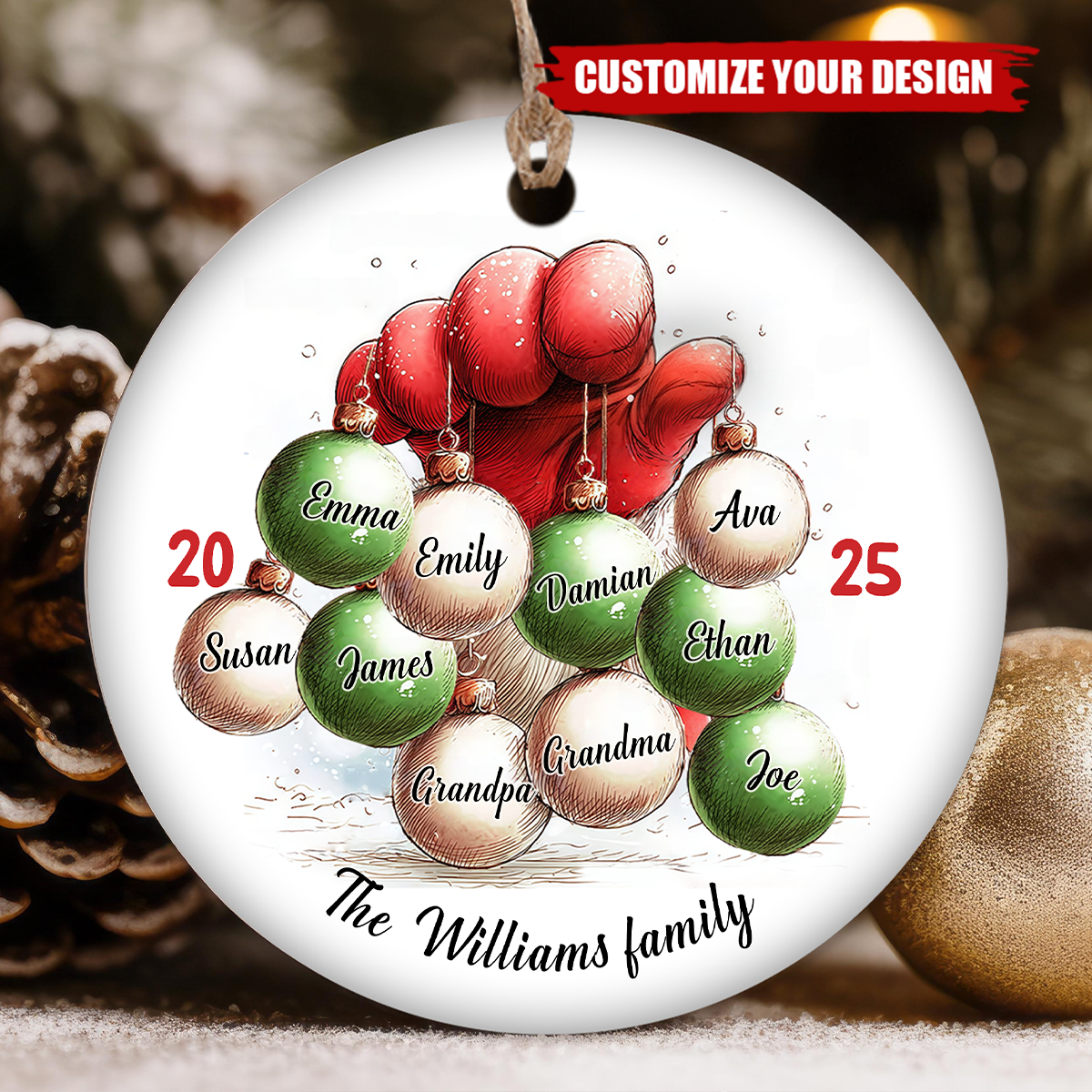 Santa Hand With Baubles - Family Personalized Christmas Ornament
