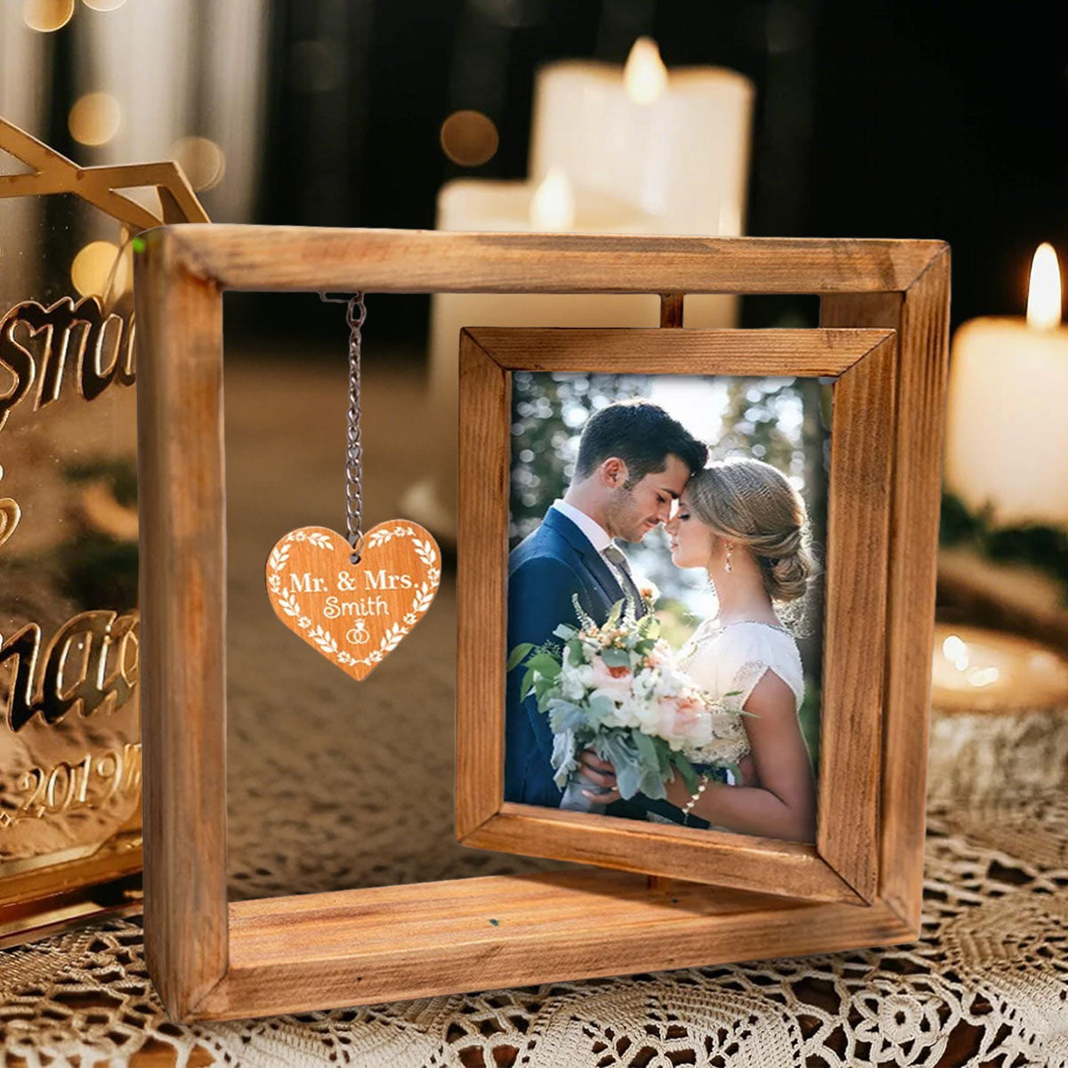 Custom Rotating Wooden Frame For Couples With Photo & Wedding Date