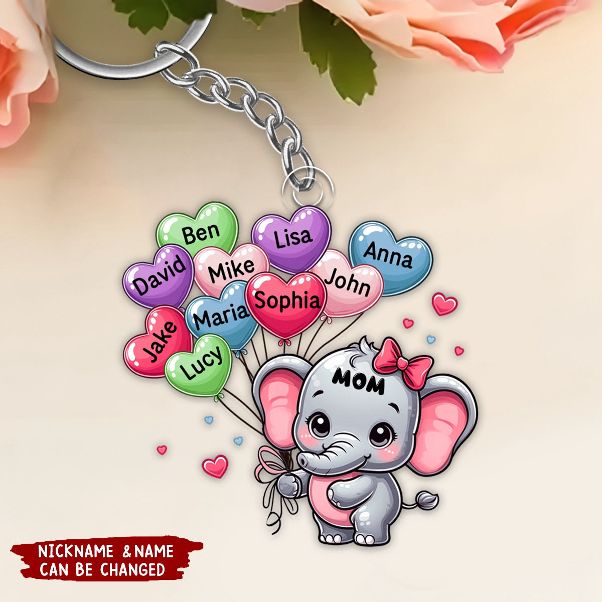 Cute Elephant Grandma With Sweetheart Balloon Grandkids Personalized Keychain