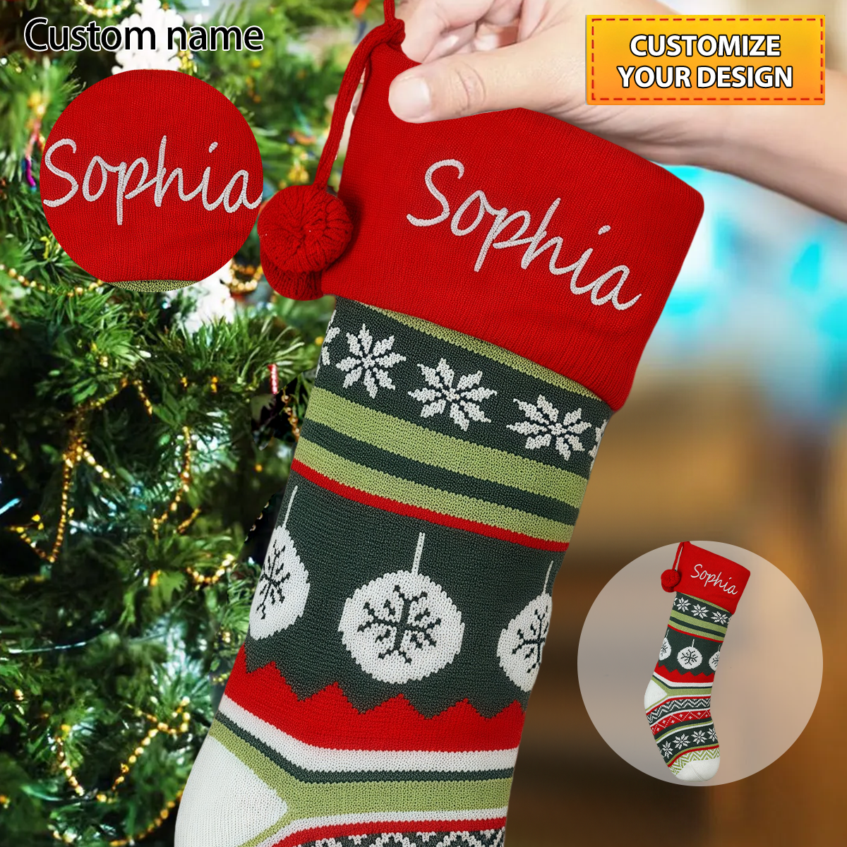 Personalized Knitted Christmas Stockings, Name Embroidered Christmas Stocking
