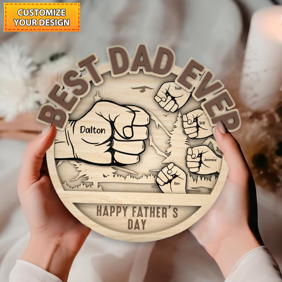 Personalized Dad And Kid Hands Fist Bump Mountain Sign Wood Plaque, Gift For Dad