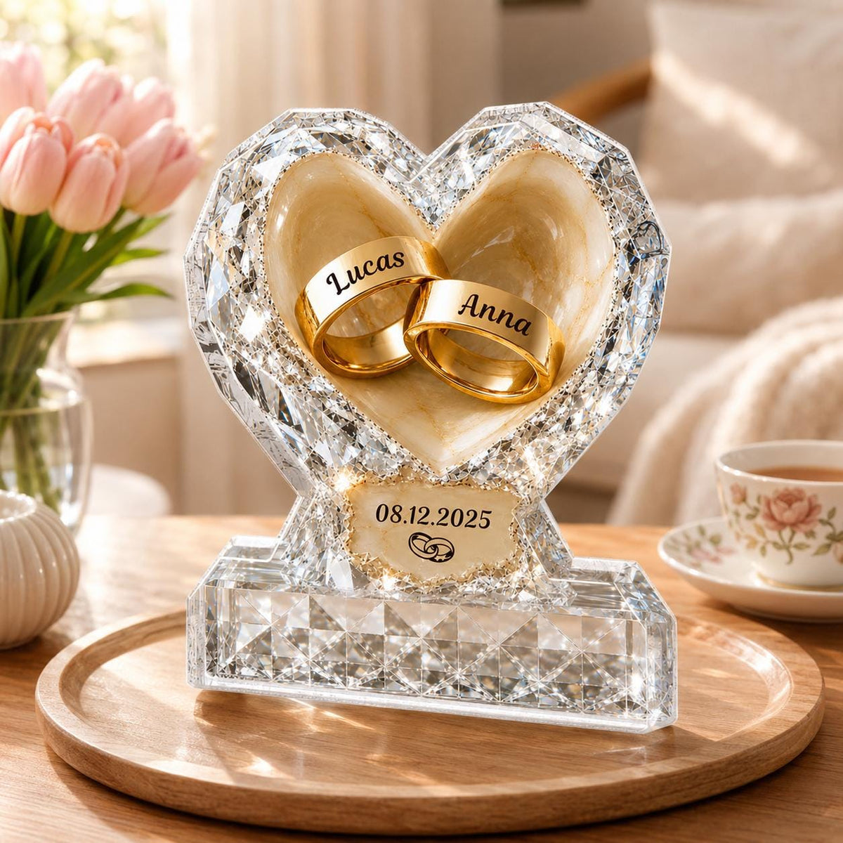 Personalized Heart Ring Couple Plaque, Gift For Engagement, Wedding, Anniversary