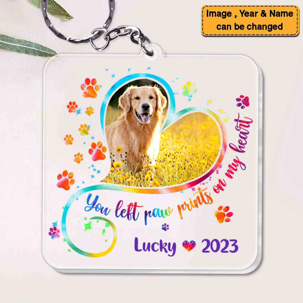 Memorial Gift Dog Photo Paw Prints On My Heart Acylic Keychain