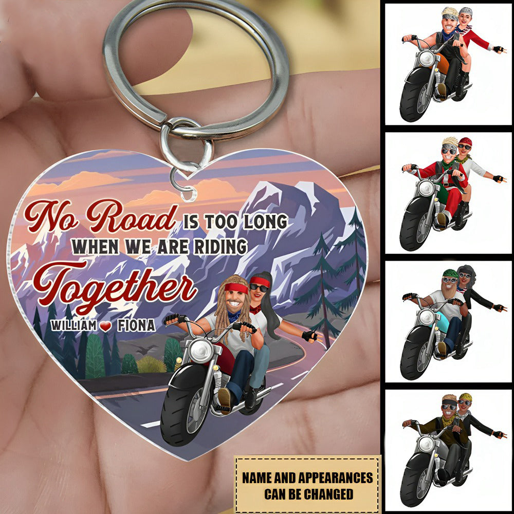 No Ride Is Too Long When We're Riding Together, Personalized Biker Couple Keychain