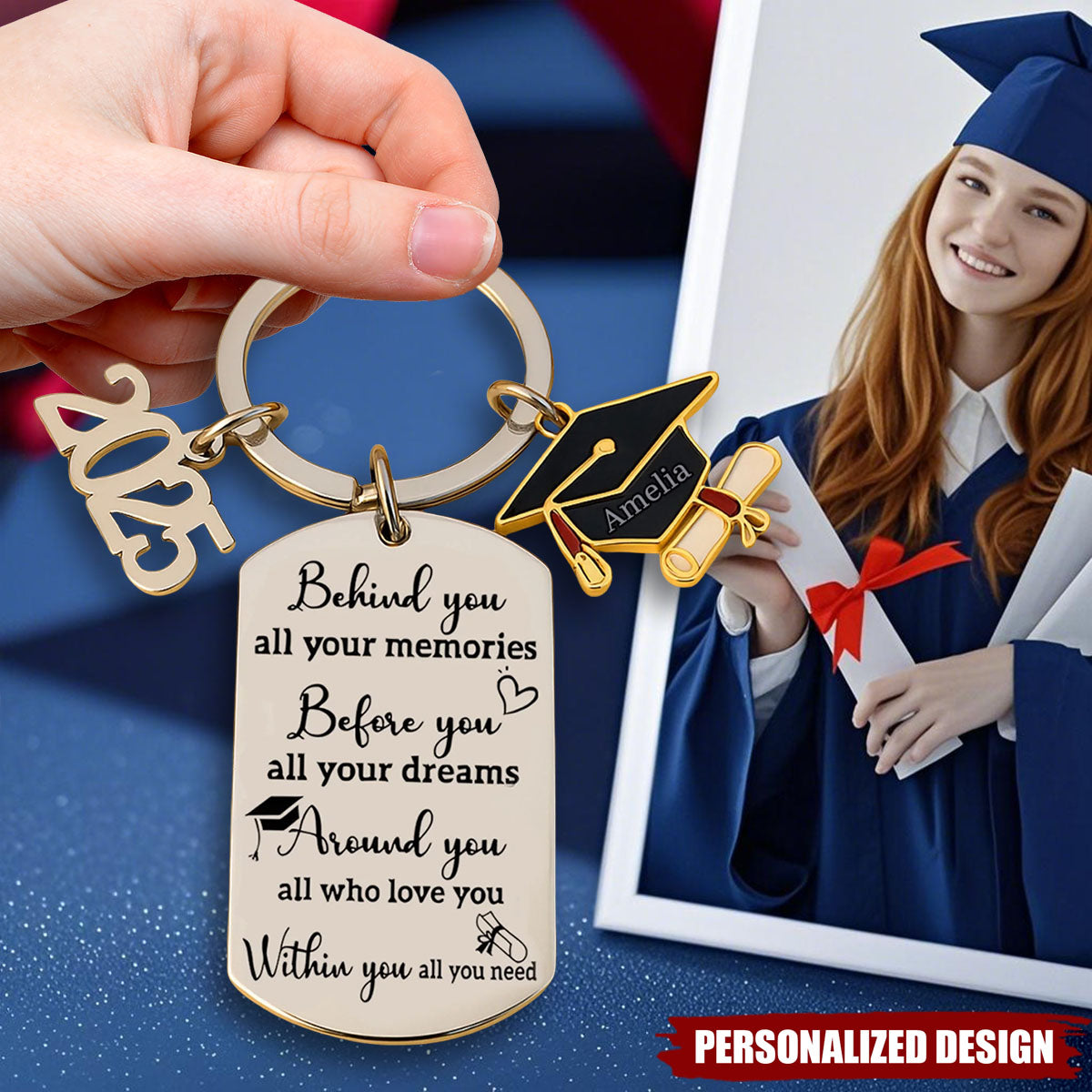 Memories Behind, Dreams Ahead, Love All Around - Family Personalized Custom Engraved Graduation Keychain