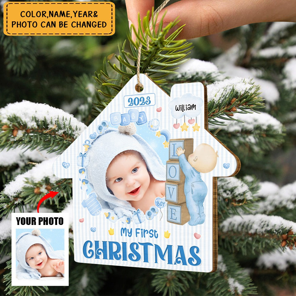 Custom Photo Christmas Baby My First Christmas - Gift For Parents - Personalized Custom Shaped Wooden Ornament