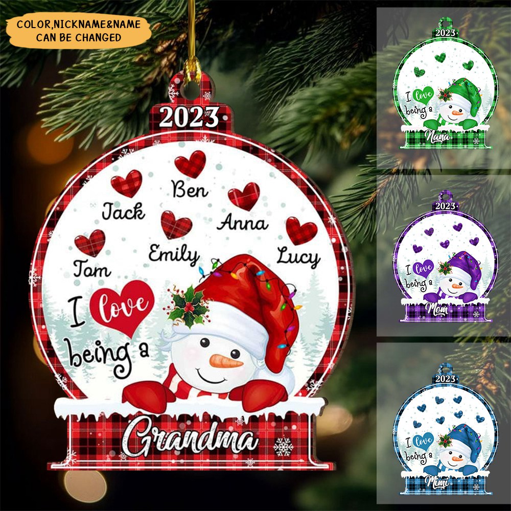 Christmas Snowman Nana Mom Heart Kids, I Love Being A Grandma Personalized Ornament
