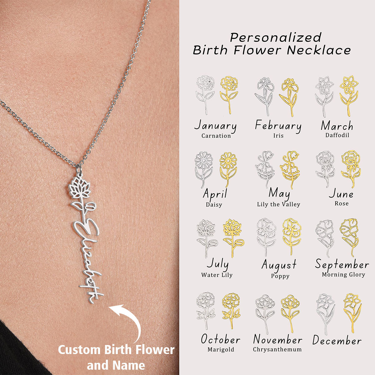 Personalized Custom Birth Flower Name Necklace, Birthday Gift for Women
