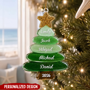 Personalized Family Name Christmas Tree Ornament, Green Sea Glass Style Acrylic Keepsake