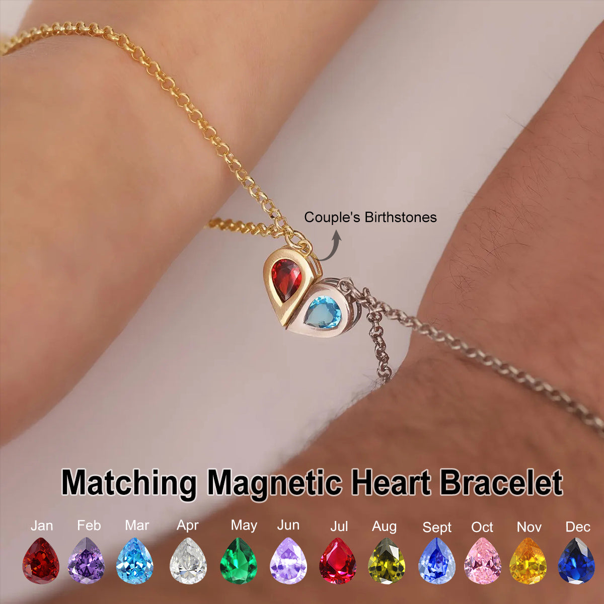 Personalized Couple Bracelets with Birthstones, Matching Magnetic Heart Bracelet