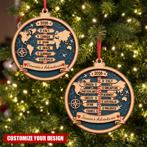 Personalized Travel Map Ornament, Custom Wooden Christmas Ornament