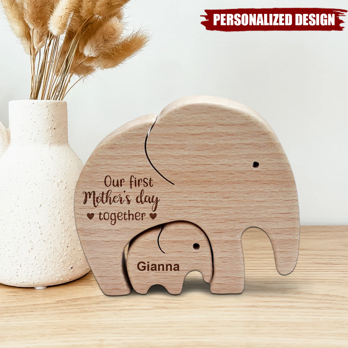 Personalized Wooden Mom And Baby Elephant, First Mother's Day Gift