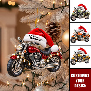 Personalized Motorcycle Christmas Ornament - Santa Hat Bike Holiday Decor