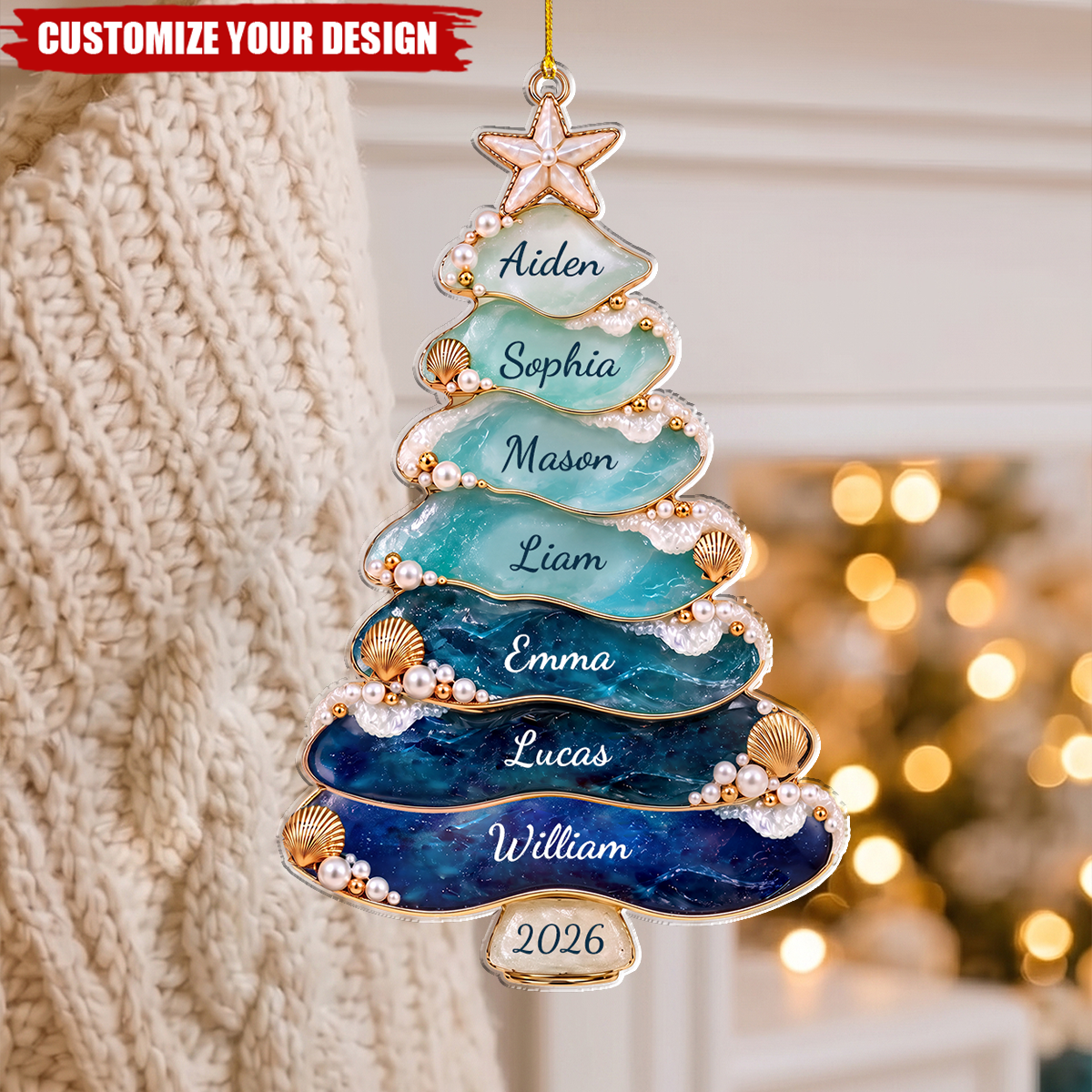 Custom Sea Glass Tree 2026 Ornament, Personalized Beach Family Christmas Decor