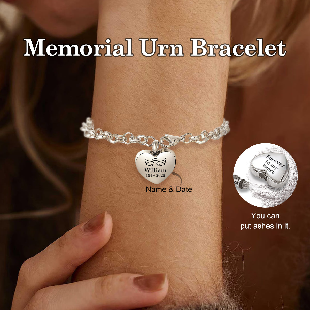 Personalized Stainless Steel Memorial Heart Urn Bracelet