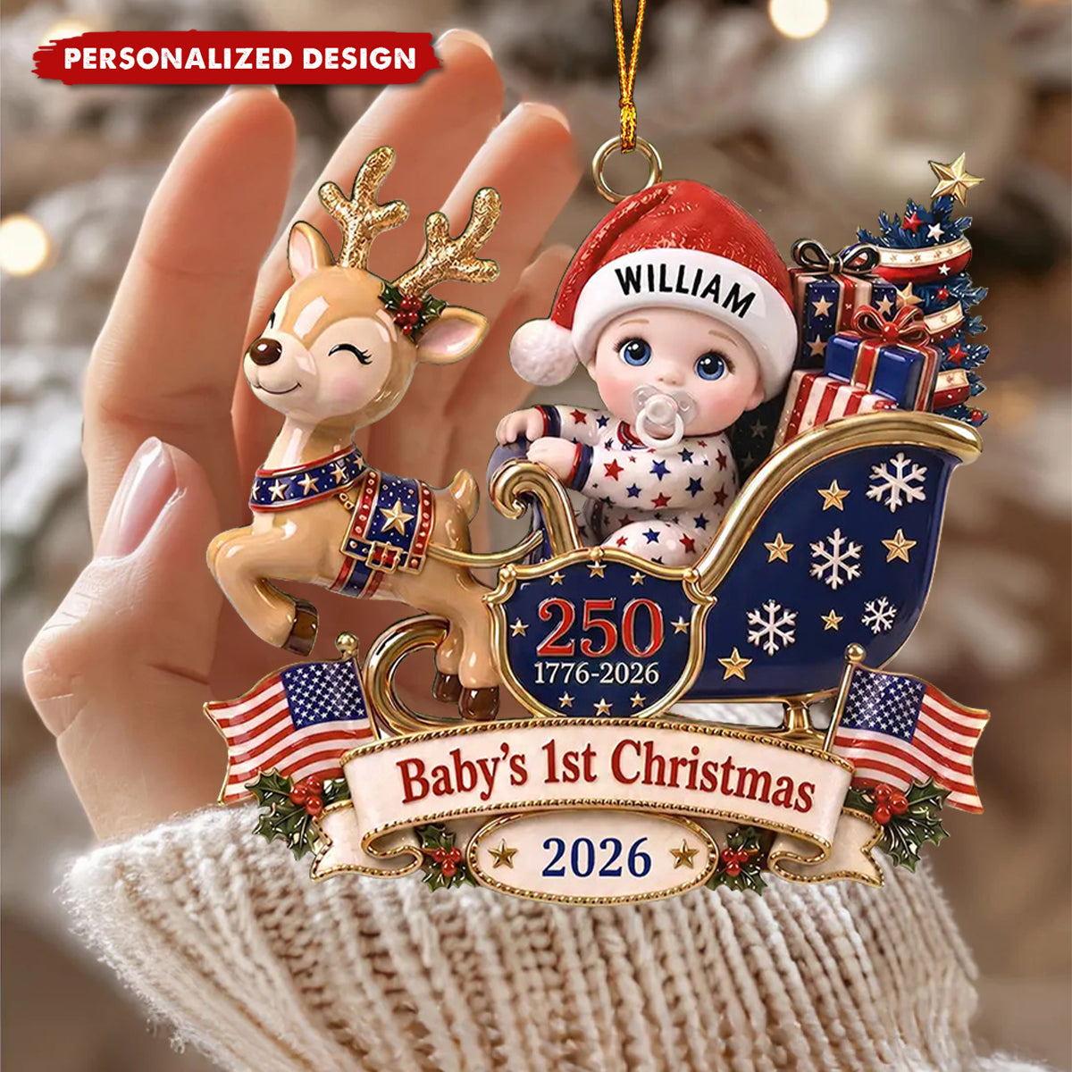 Baby's 1st Christmas In Sleigh America 250th Anniversary - Personalized Custom Shaped Acrylic Ornament
