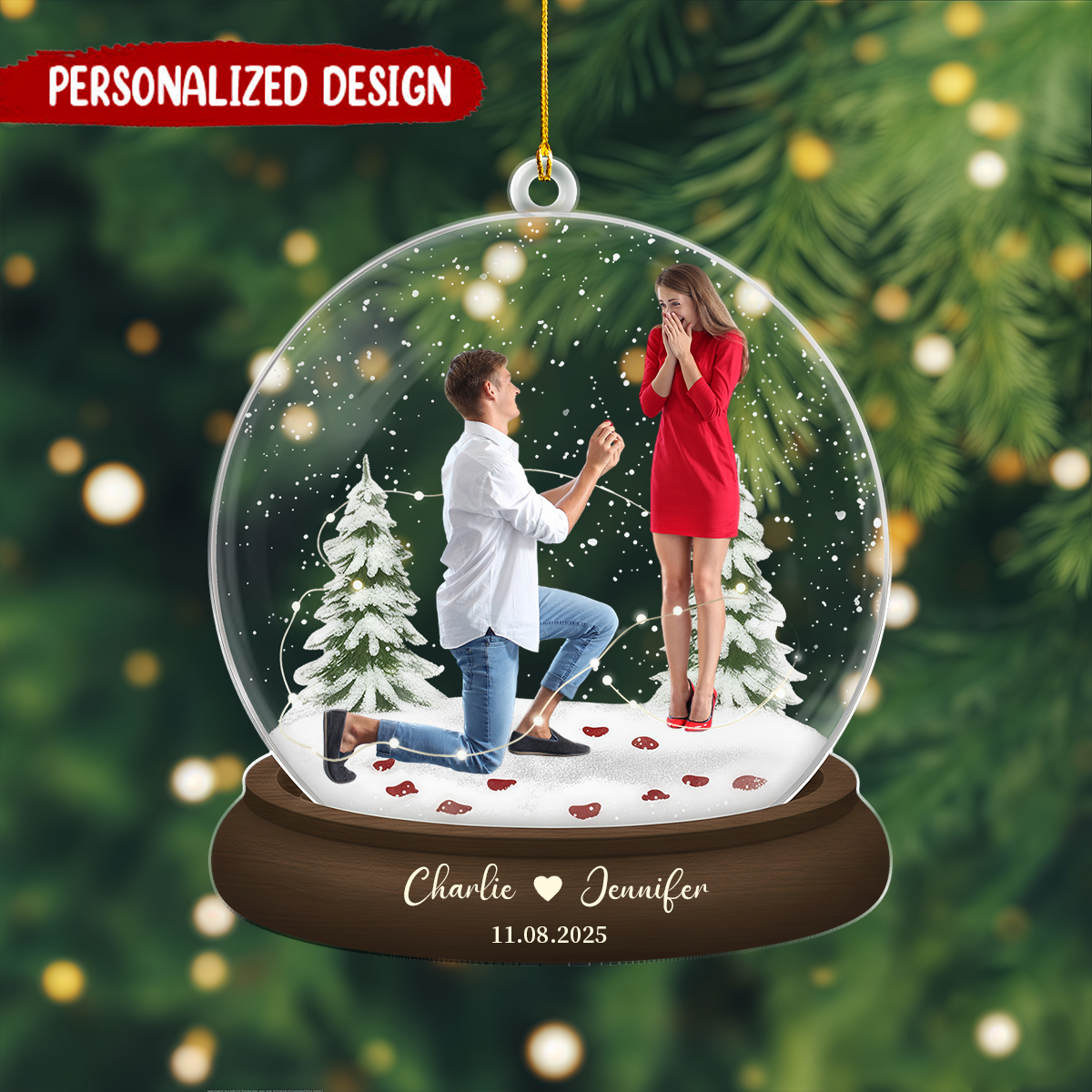 Personalized Engagement Ornament – Snow Globe Keepsake with Couple’s Names & Date