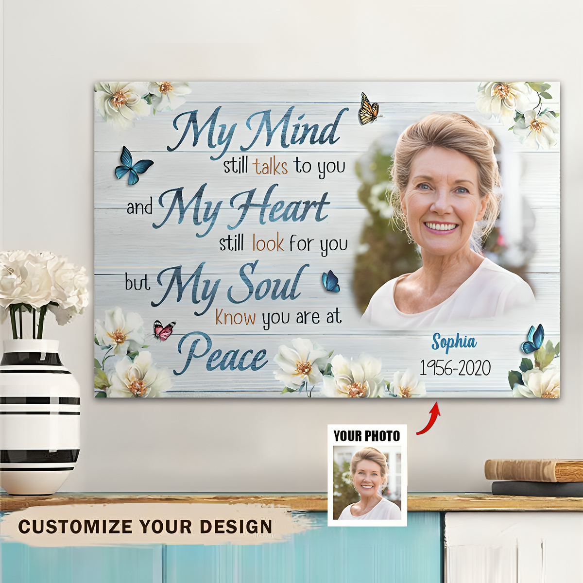 Personalized Canvas Wall Art Gift For Loss of Loved One Memorial Blue Butterfly My Mind Still Talks To You