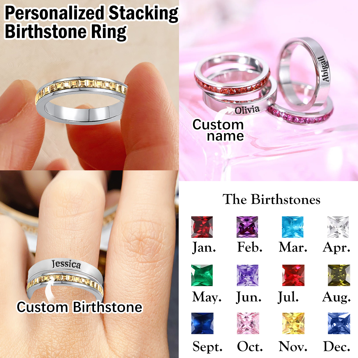Personalized Engraved Stacking Birthstone Ring in Stainless Steel