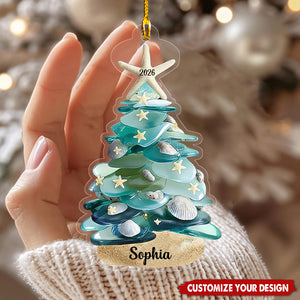 Personalized Sea Glass Christmas Tree  Ornament, Custom Name Coastal Ornament