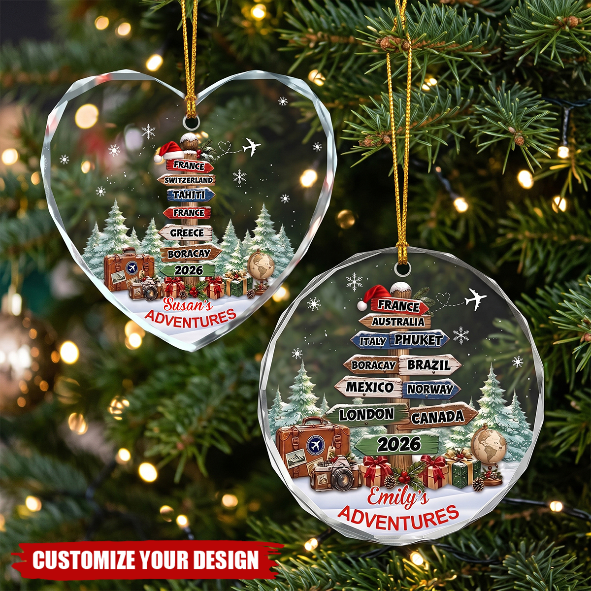 Personalized Travel Adventures Crystal Ornament- Christmas Gifts