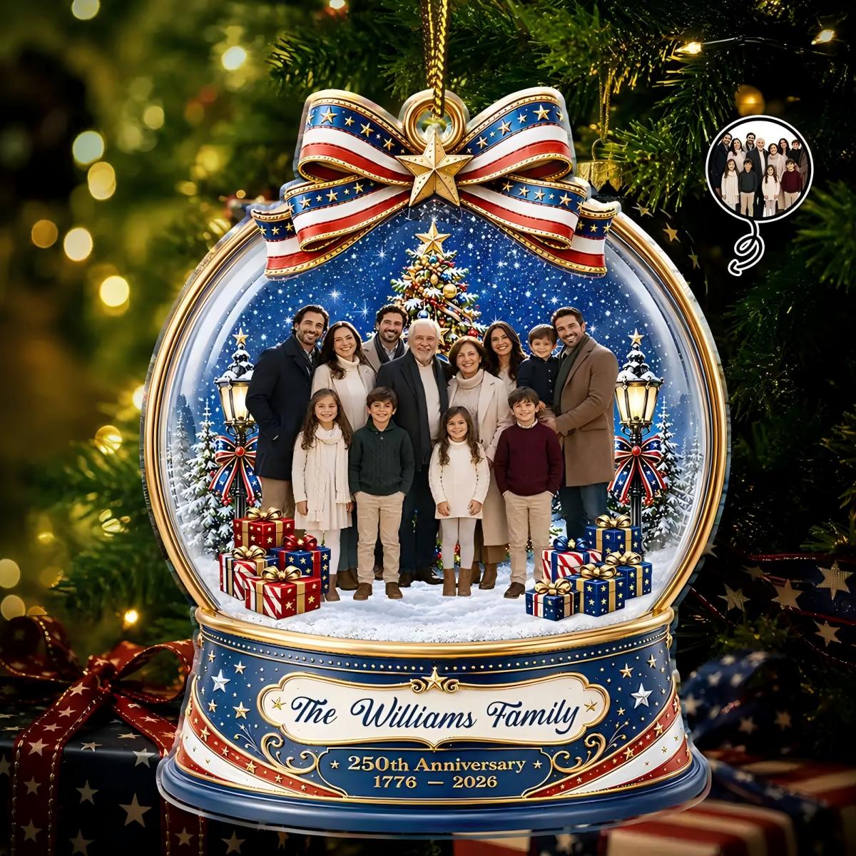 Wrapped In Love - Custom Christmas 250th Anniversary Ornament With Family Photo