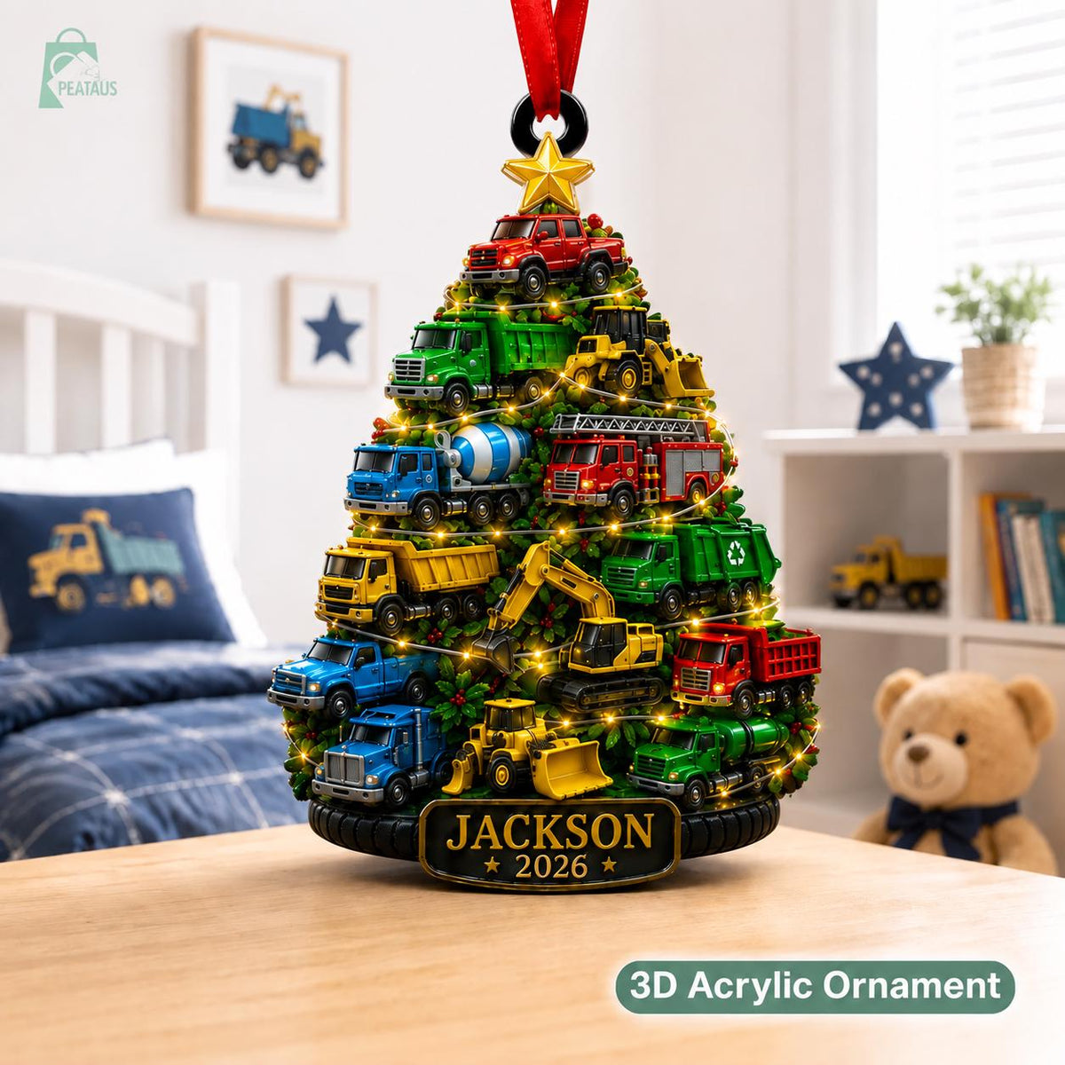 Construction Truck Christmas Decor - Personalized Name Kid Ornament
