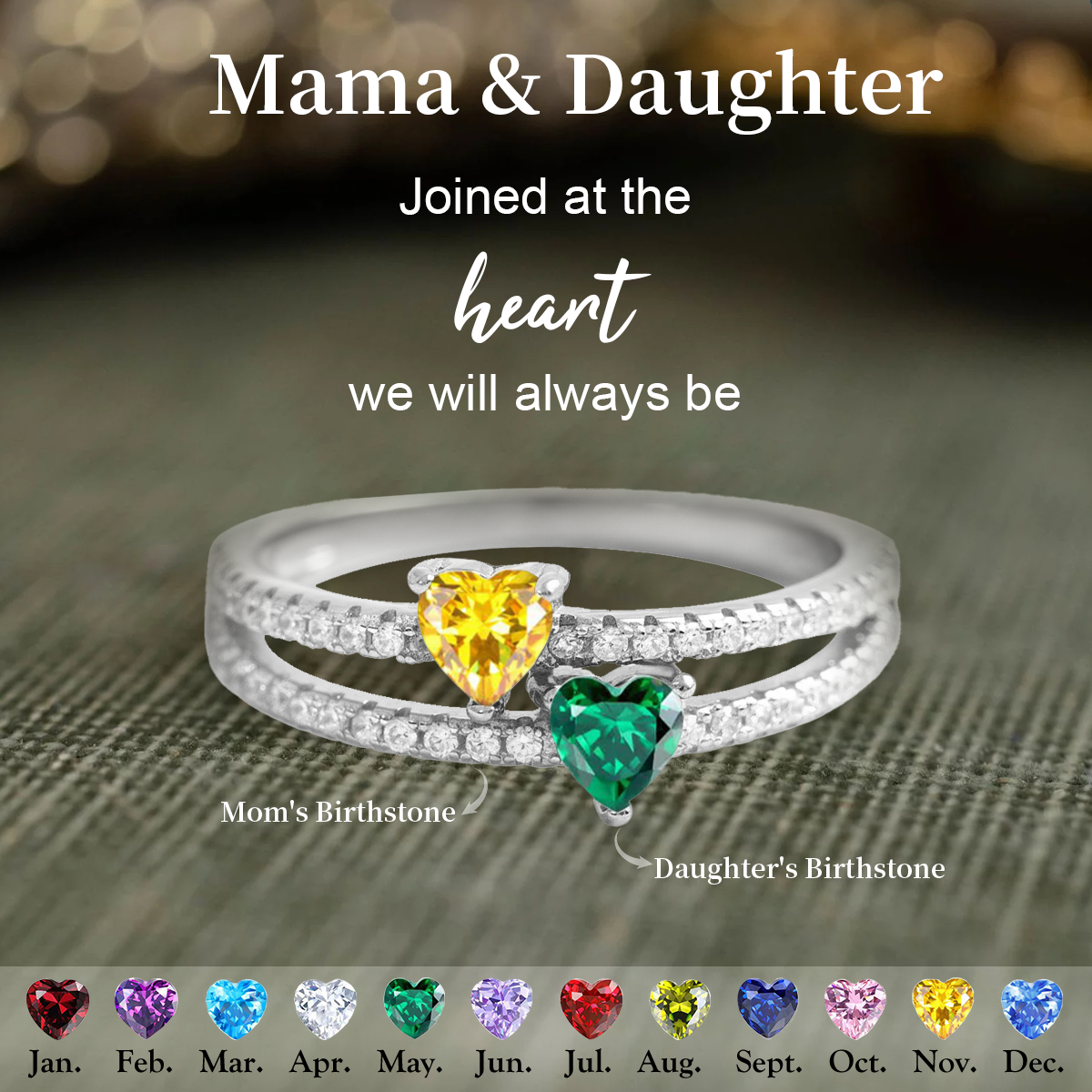 Personalized Two Heart-Shape Birthstone Double Band Ring
