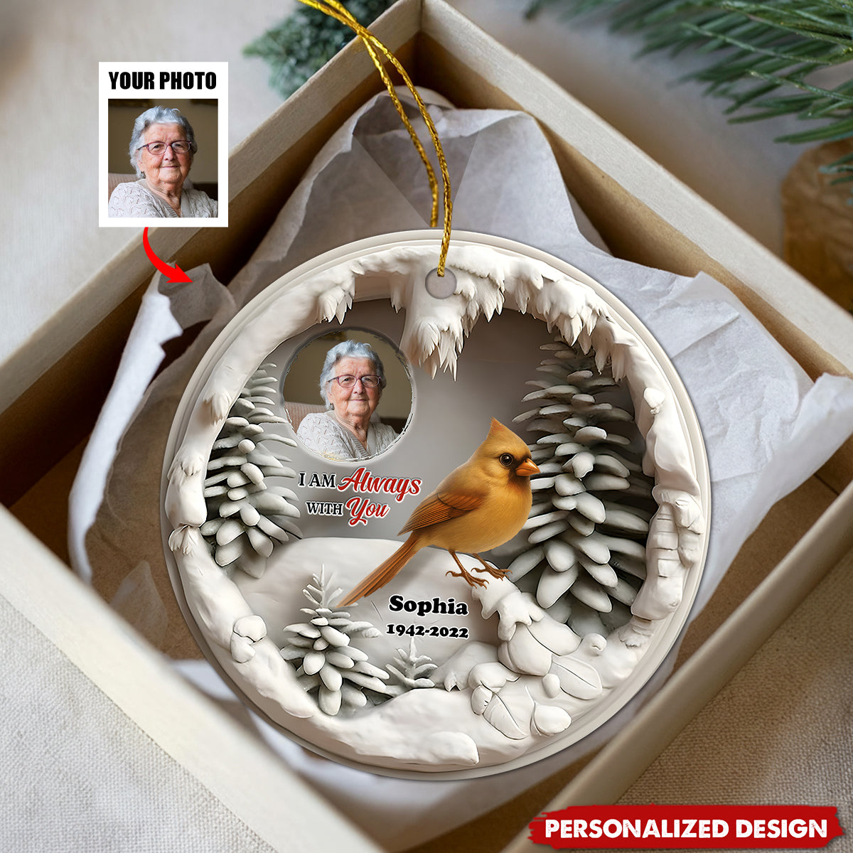 Cardinal In Winter - Personalized Round Shaped Ceramic Ornament