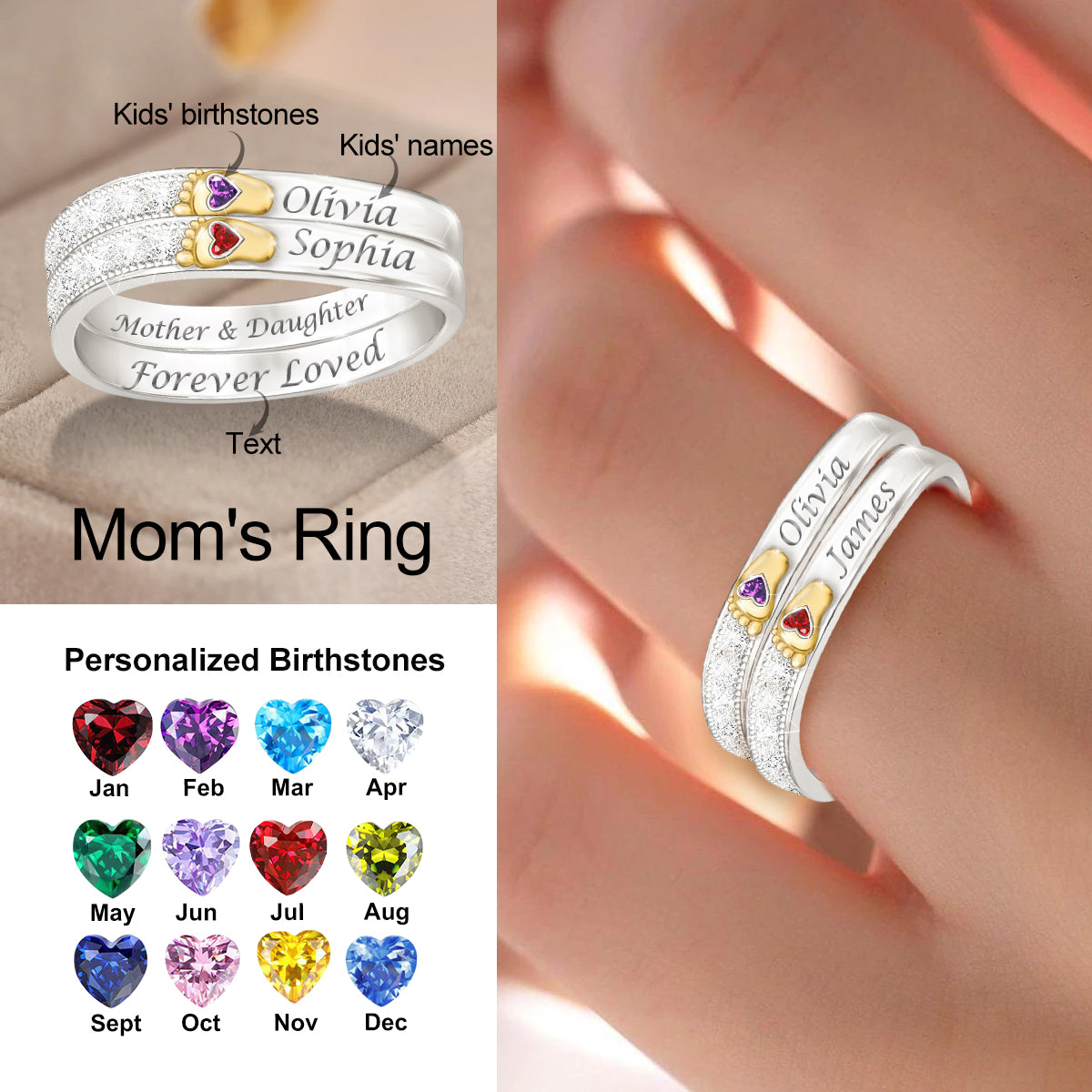 Personalized Family Birthstone Ring With Footprint-Gift For Mom