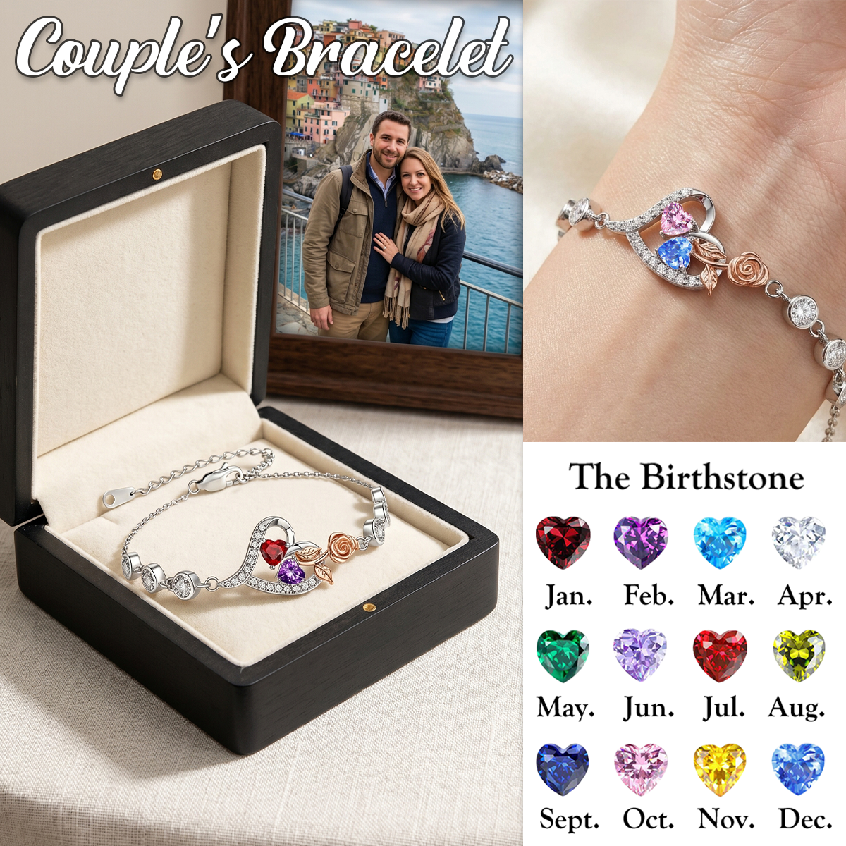 Together Forever - Personalized Two Heart Couple Birthstone Bracelet