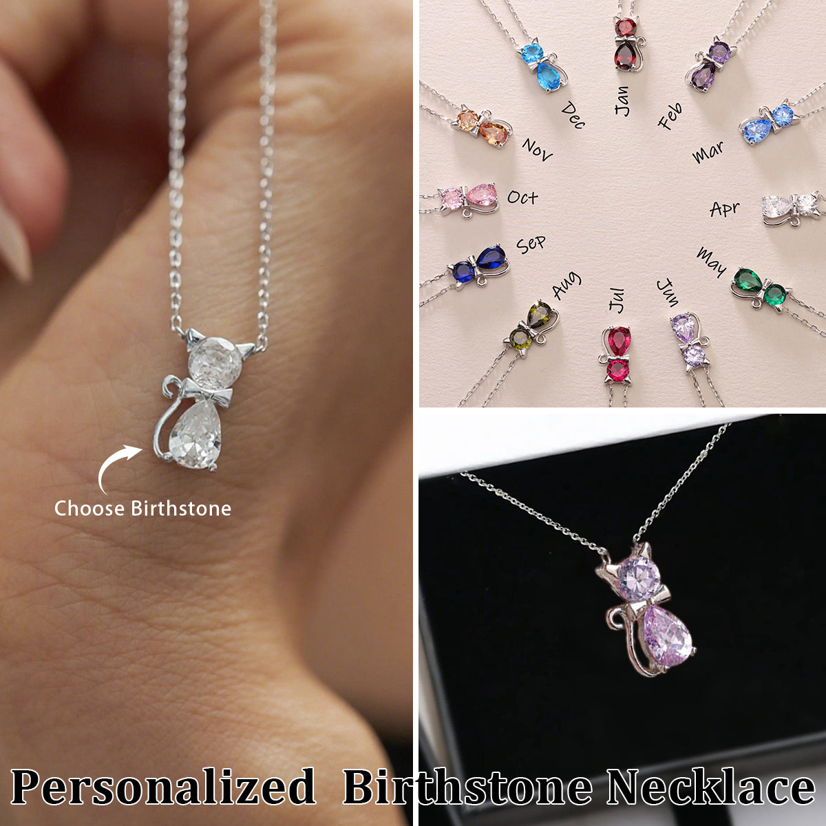 Personalized Birthstone Kitten Necklace For Women, Jewelry for Cat Lovers, Grandma Gift