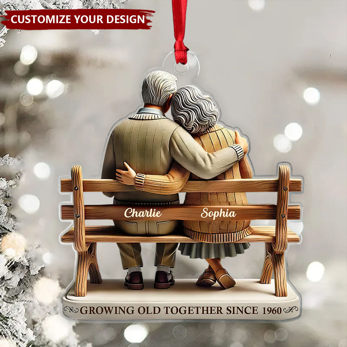 3D Effect Old Couple Sitting On Bench Growing Old Together Since Personalized Car Hanger Ornament