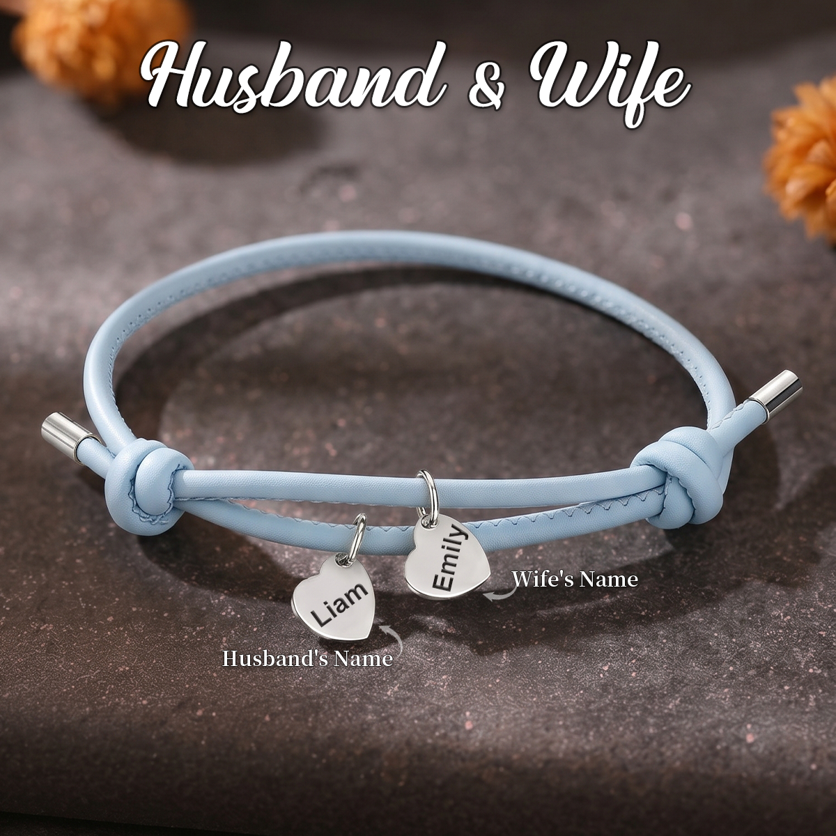 Personalized Engraved Couple Heart Adjustable Leather Bracelet