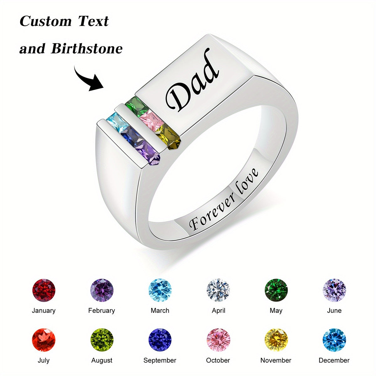 Personalized 1-8 Birthstone Men Ring With Name,  Father's Day Gift For Dad Grandpa