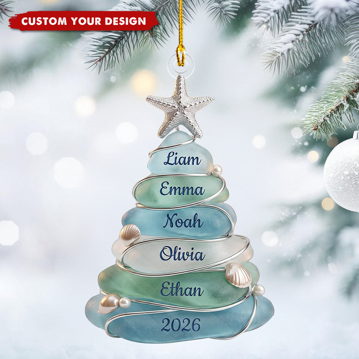 Custom Sea Glass Tree Ornament, Beach Family Christmas Decor, Coastal Keepsake