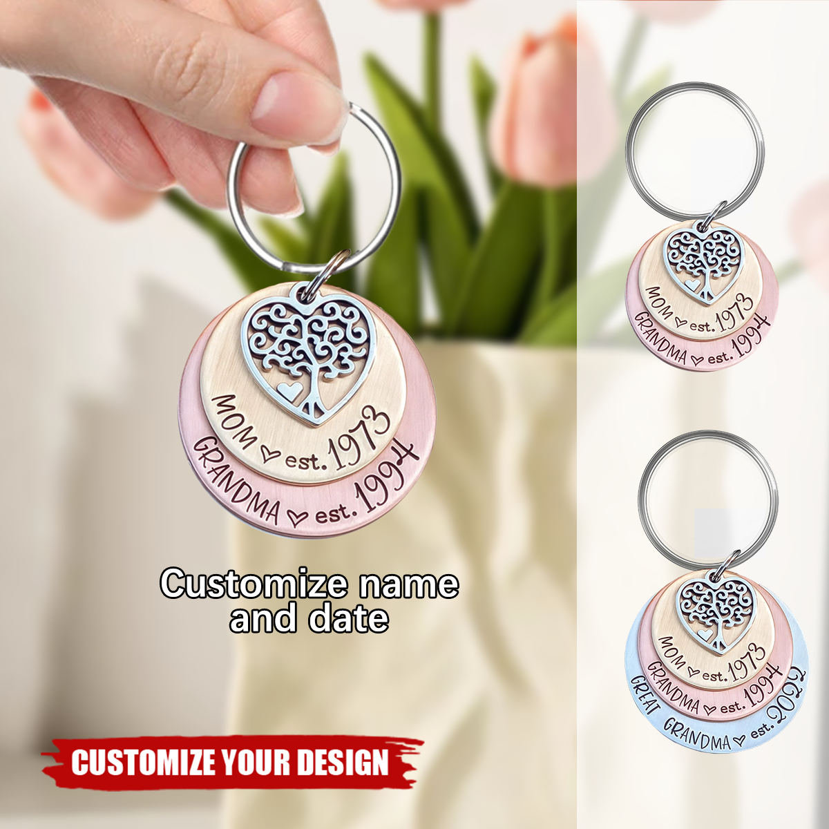 Personalized Hand Stamped Keychain, Gift For Mom Grandma