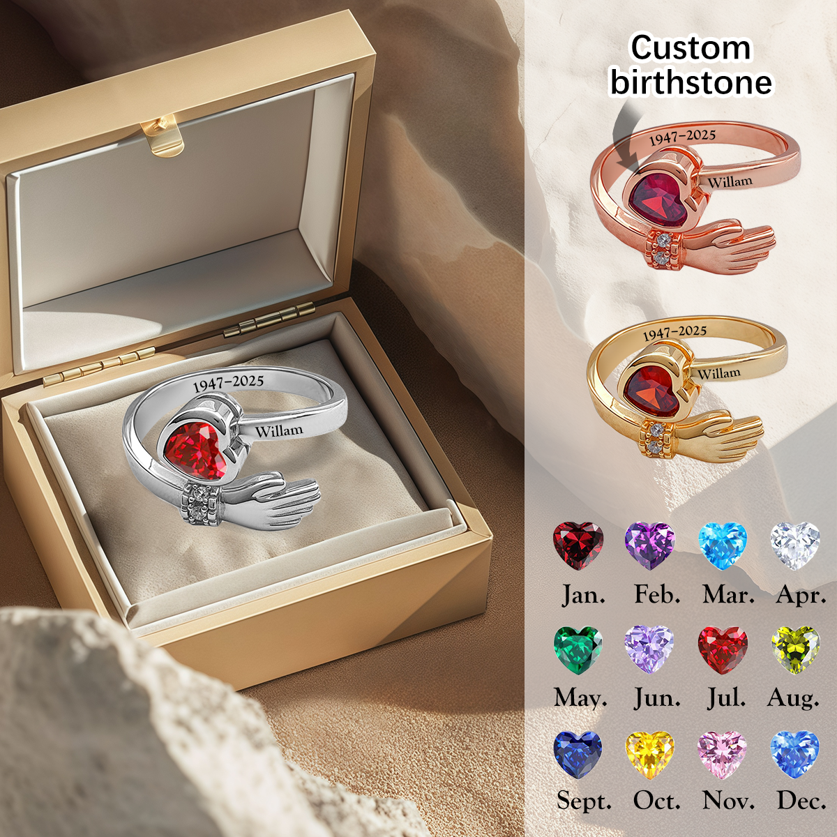 Personalized Birthstone Adjustable Ring,  Memorial Gift