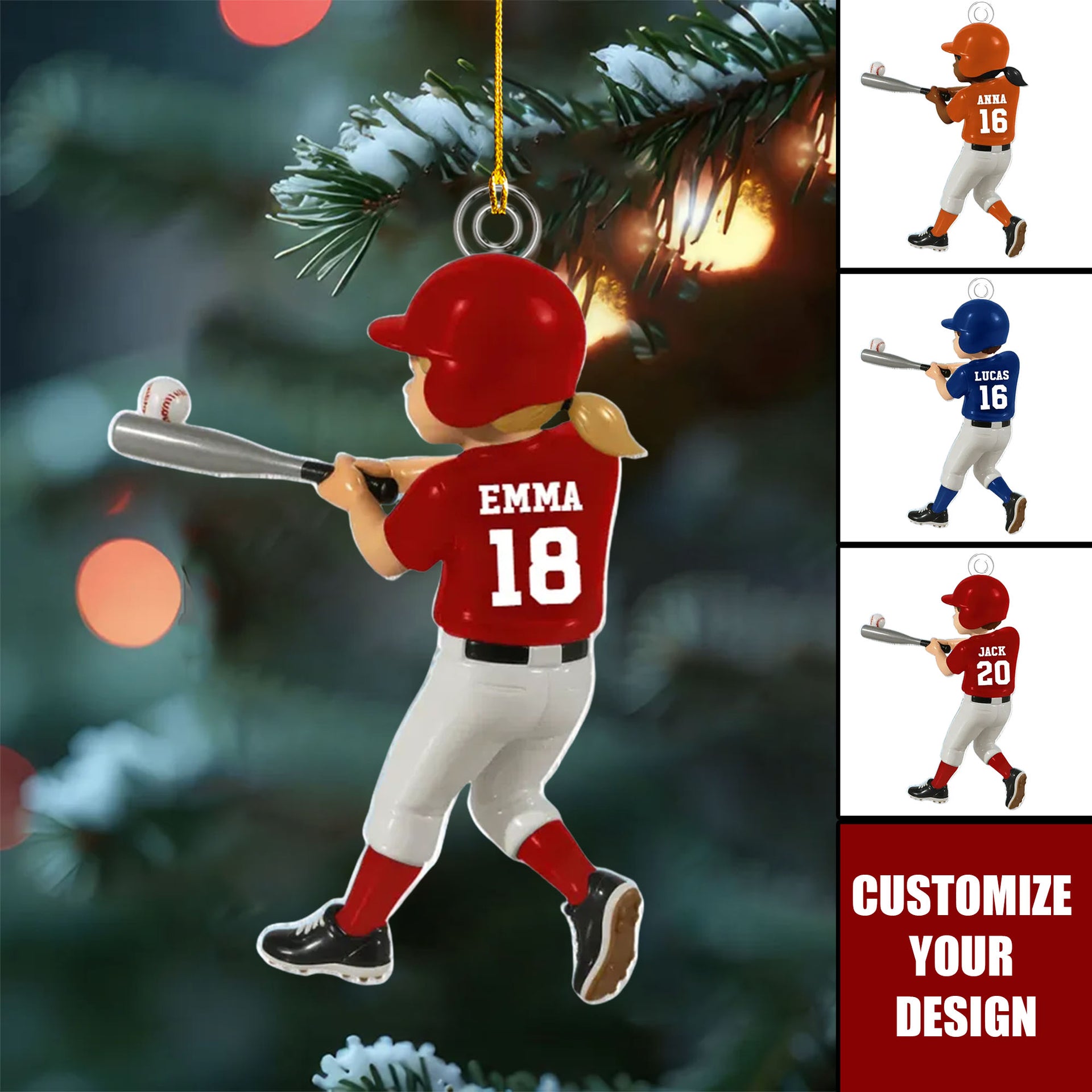 Personalized Baseball Player Ornament – Kid Hitting Ball, 3D Effect Acrylic Flat Ornament