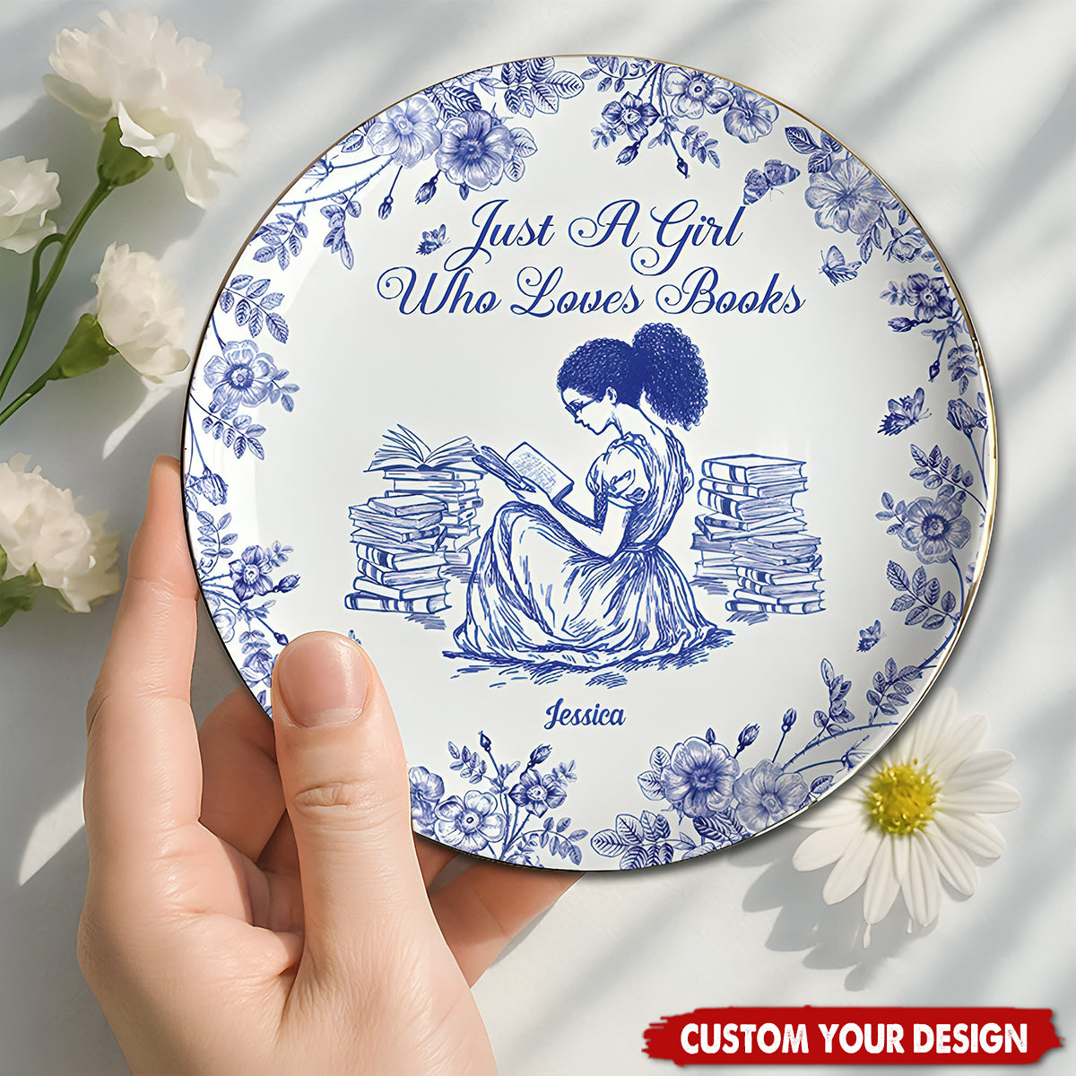 A Girl Who Loves Books Chinoiserie Toile De Jouy - Personalized Jewelry Dish