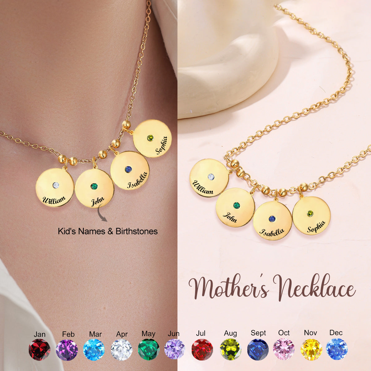 Personalized Engraved Name Necklace With Birthstone, Mother's Day Gift