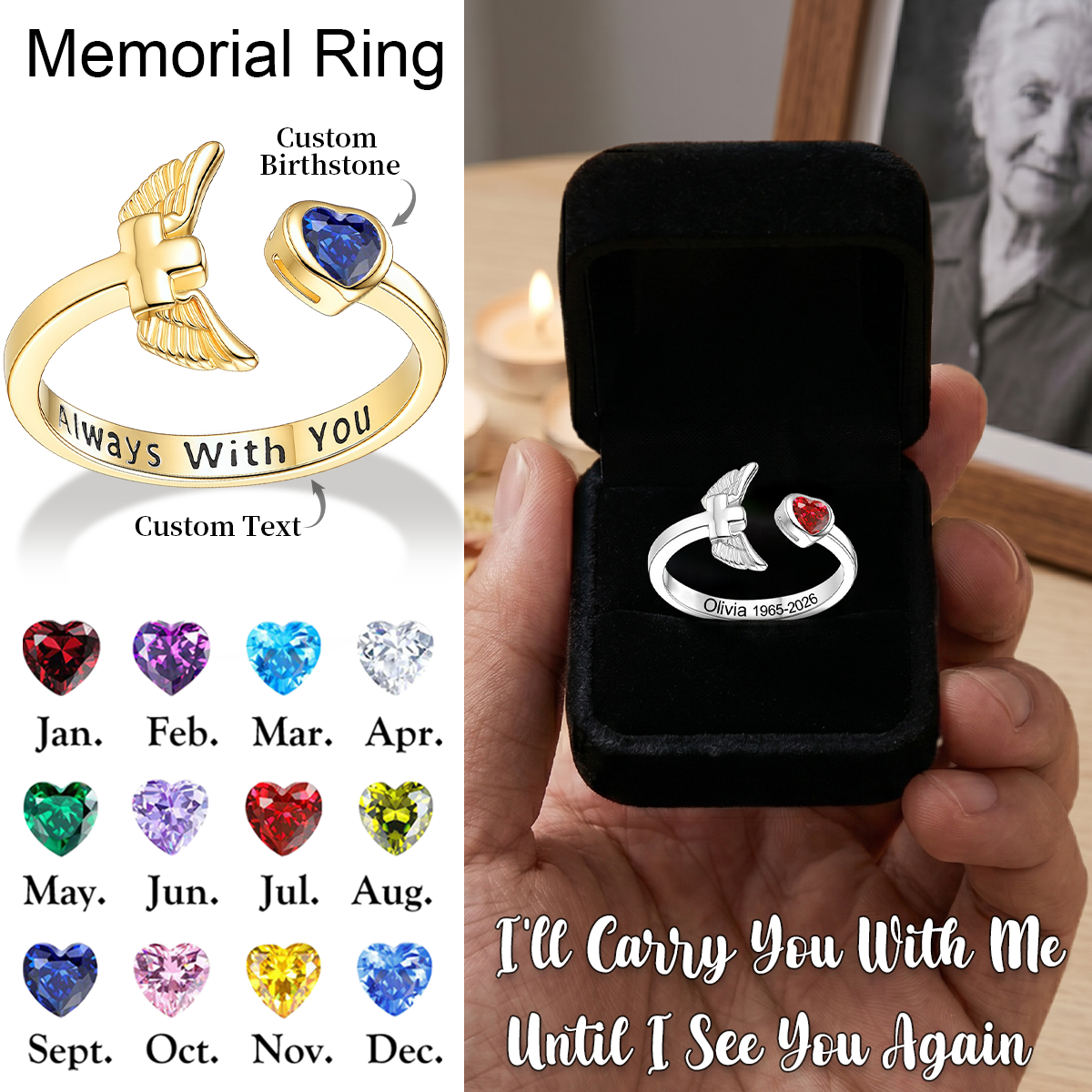 Always With You, Personalized Wings Birthstone Memorial Ring