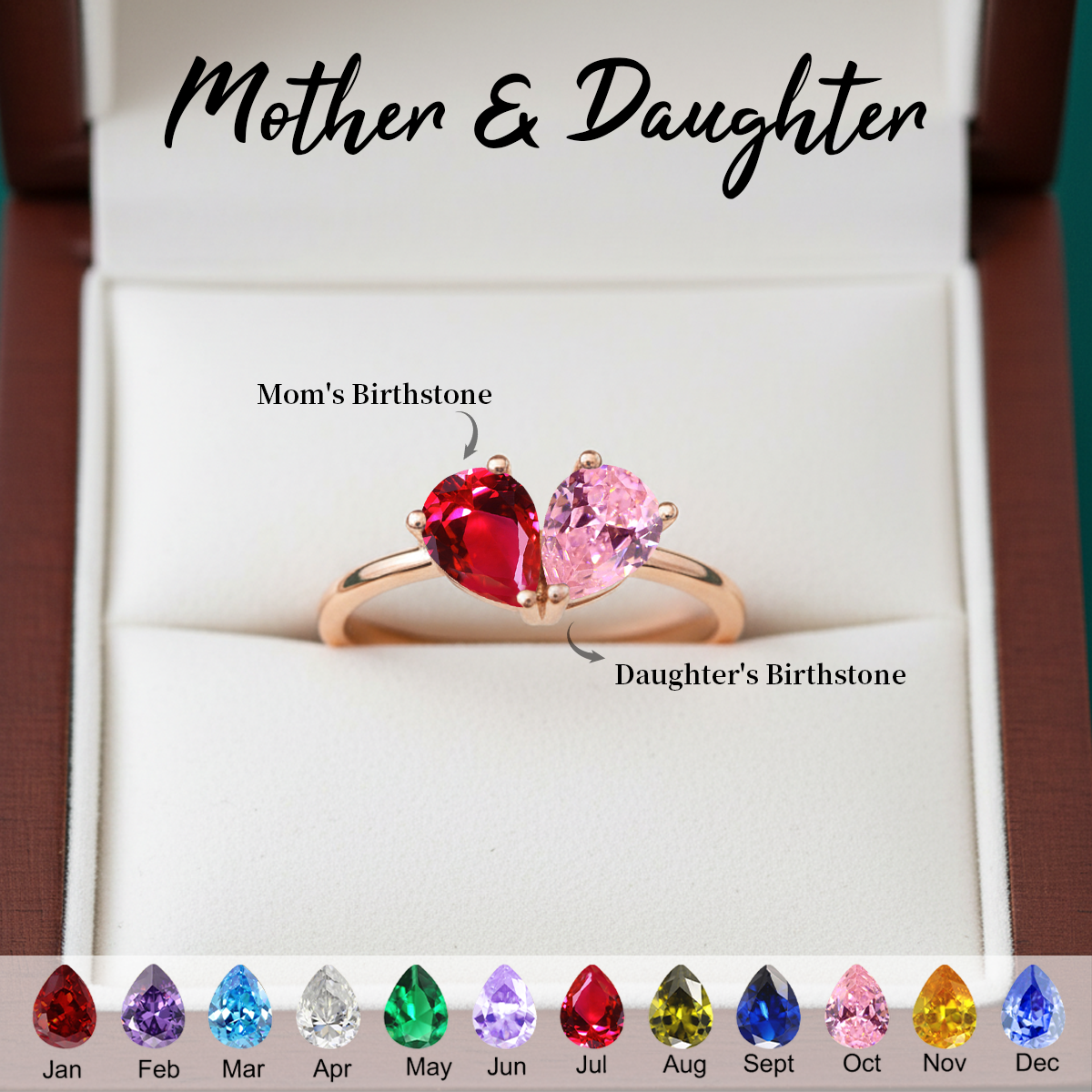 Personalized Mother And Daughter Dual Teardrop Birthstone Heart Ring