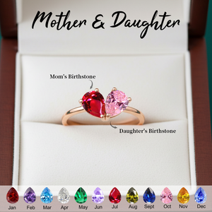 Personalized Mother And Daughter Dual Teardrop Birthstone Heart Ring