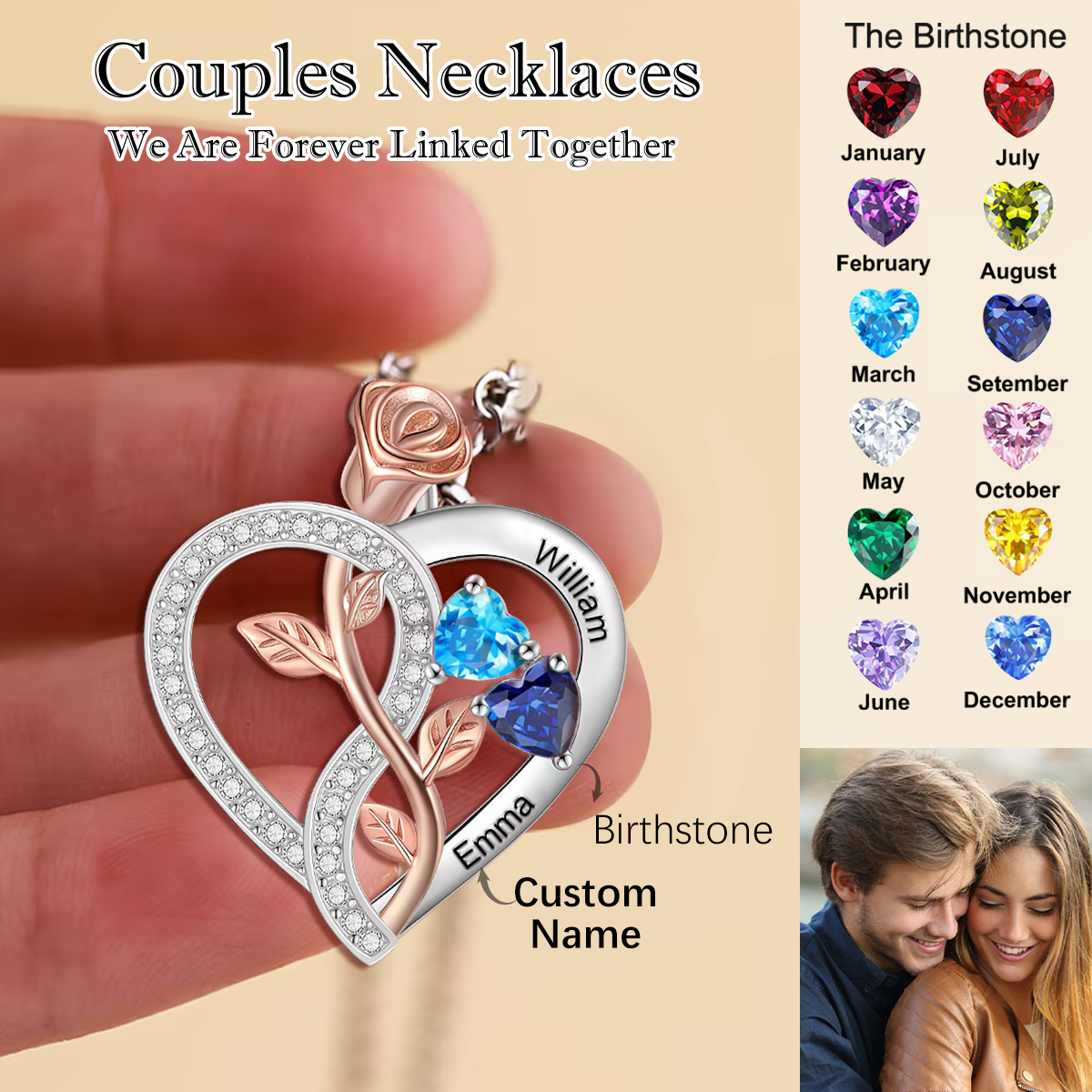 Personalized Rose Heart Birthstones Couple Necklace
