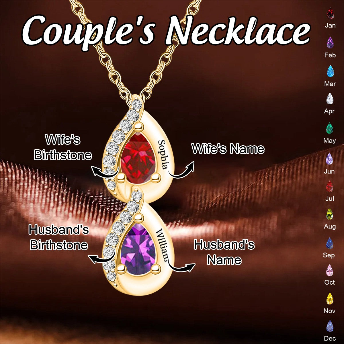 Personalized Engraved Water Drop Couple Birthstone Necklace