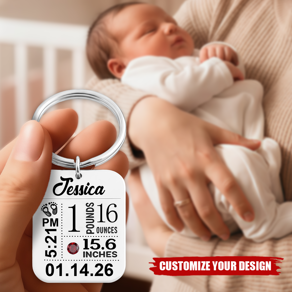 Personalized Baby Stats Keychain With Birthstone, New Mom Push Present Gift
